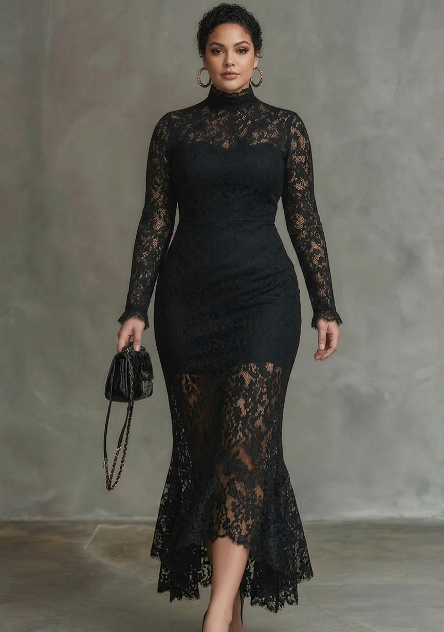 Robe Maxi Femme Dentelle Noire Stretch Fishtail