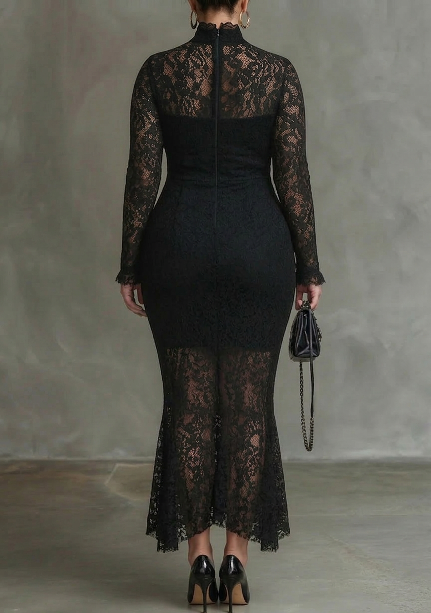 Robe Maxi Femme Dentelle Noire Stretch Fishtail
