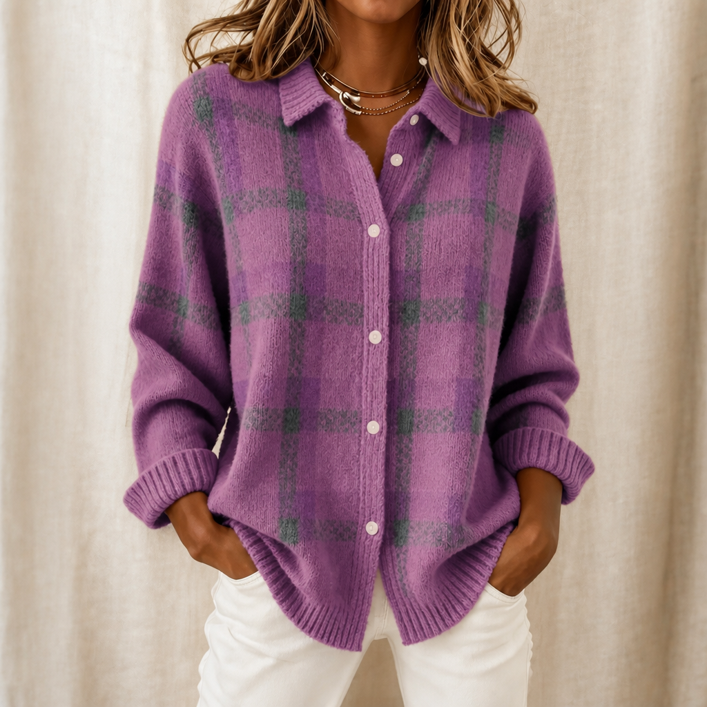 Gilet Femme en Maille à Carreaux, Col Chemise