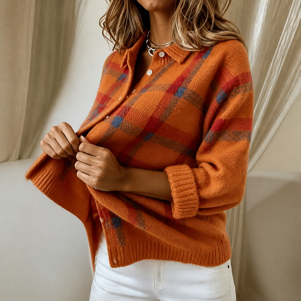 Gilet Femme en Maille à Carreaux, Col Chemise