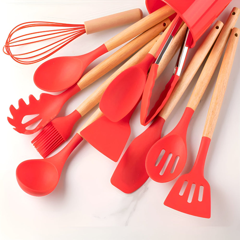 Silicone Kitchen Utensil Set – BPA-free, heat-resistant with wooden handles for cooking and baking