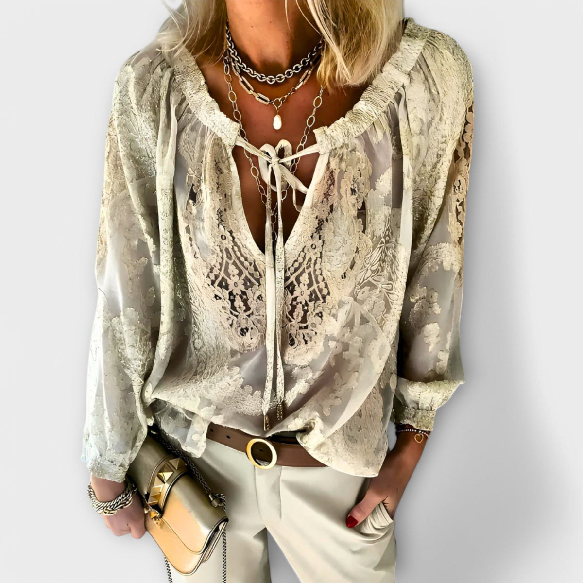 Blouse Femme Dentelle Col V Manches Longues