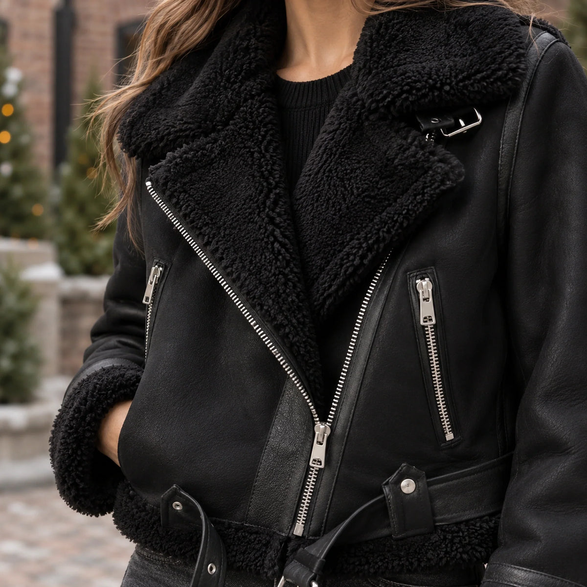 sherpa jacket — Women's Sherpa Lined Biker Jacket — Amira — Black — close up of the lapel and diagonal silver zip — view 10