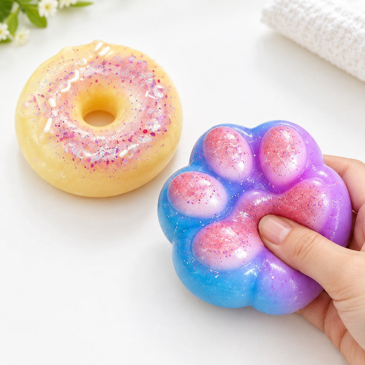 Finished donut and paw-shaped squishy creations made with the casting kit