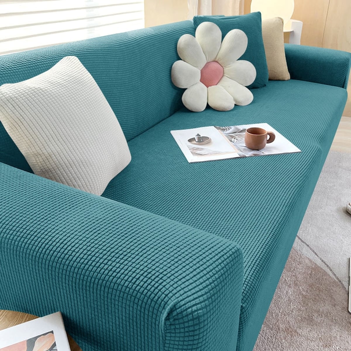stretch sofa cover in light blue