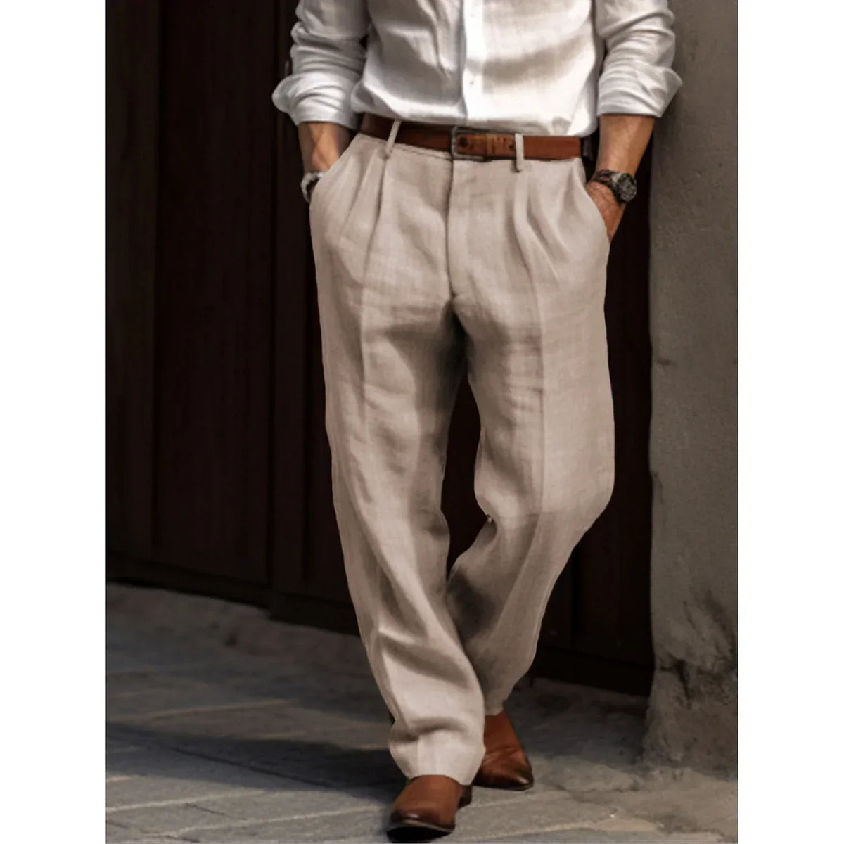 Pantalon Homme en Lin et Coton, Coupe Ample Décontractée