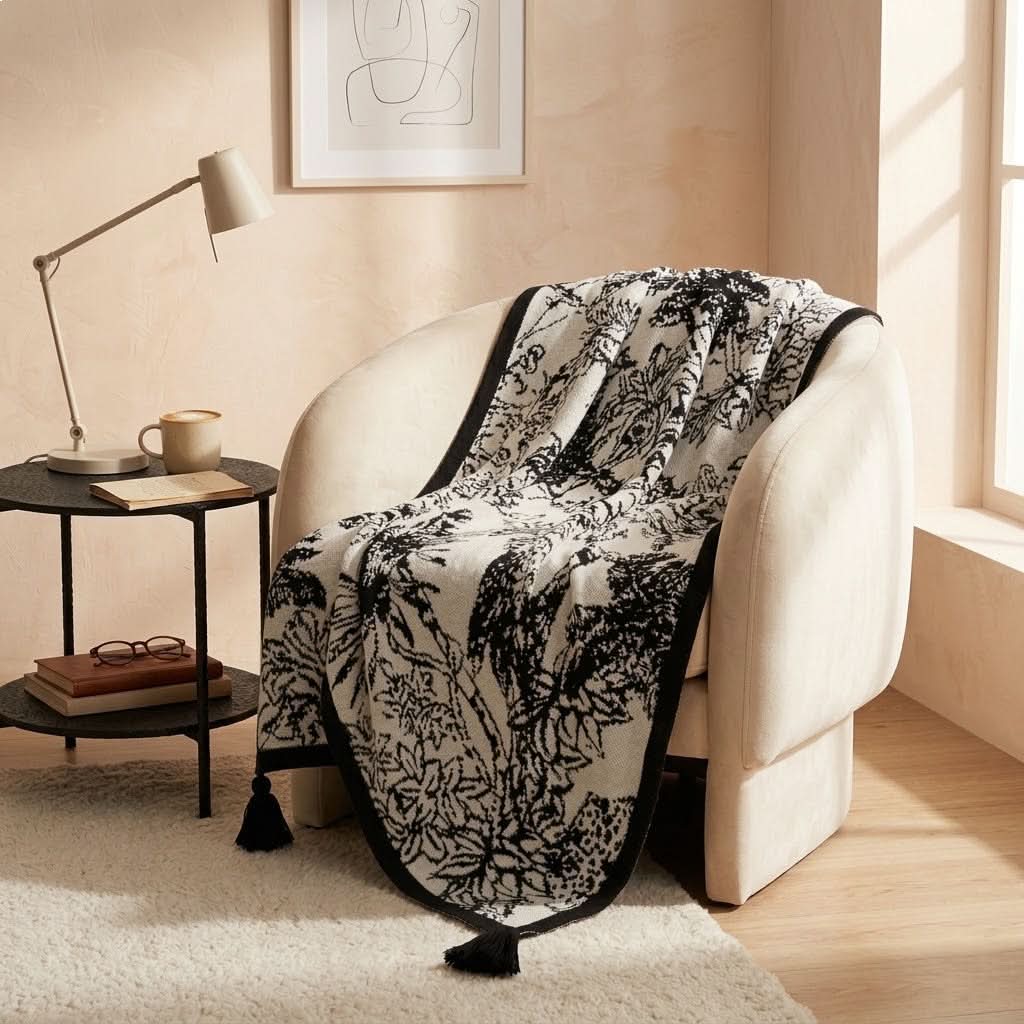 Plaid Tricoté Motif Oiseaux et Fleurs Vintage - Jeté Décoratif