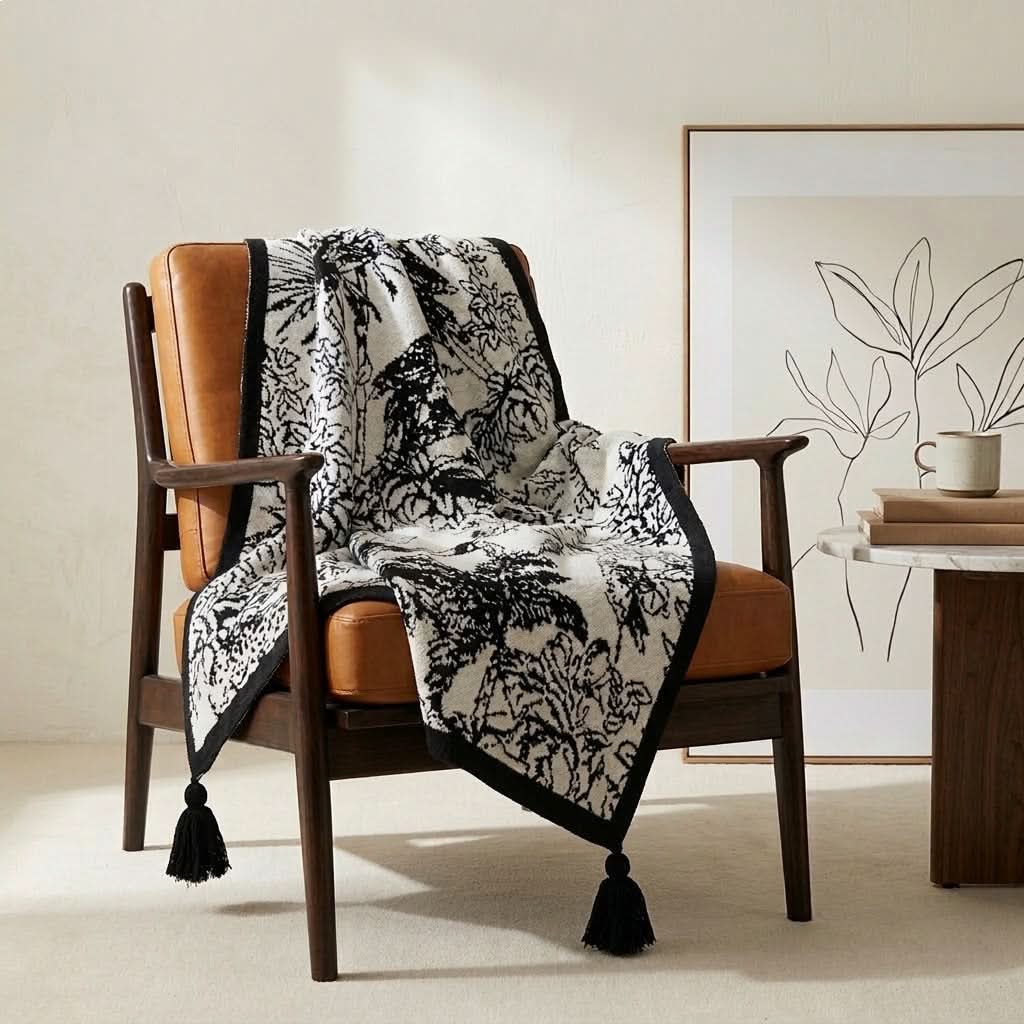 Plaid Tricoté Motif Oiseaux et Fleurs Vintage - Jeté Décoratif
