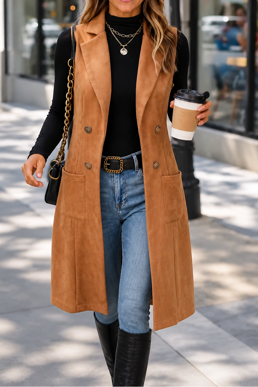Gilet Long Sans Manches à Ouverture Devant pour Femme