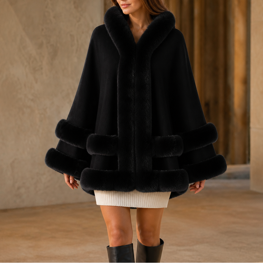 Cape Femme en Maille à Capuche avec Bordure en Fausse Fourrure
