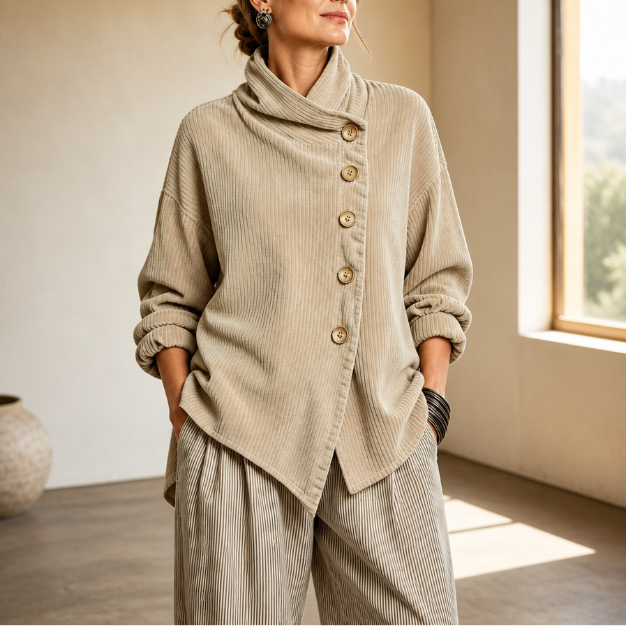 Veste Femme Col Boutonnage Asymétrique et Côtes Fines