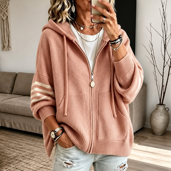 Sweat à Capuche Zippé Femme, Manches Rayées et Épaules Tombantes