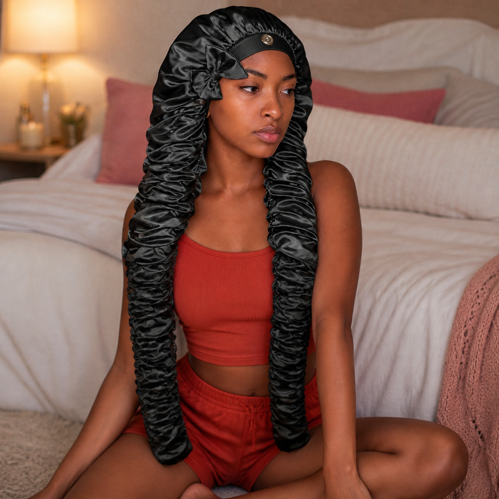 Bonnet de Nuit Satiné Cheveux Longs – Attache Bouton Réglable
