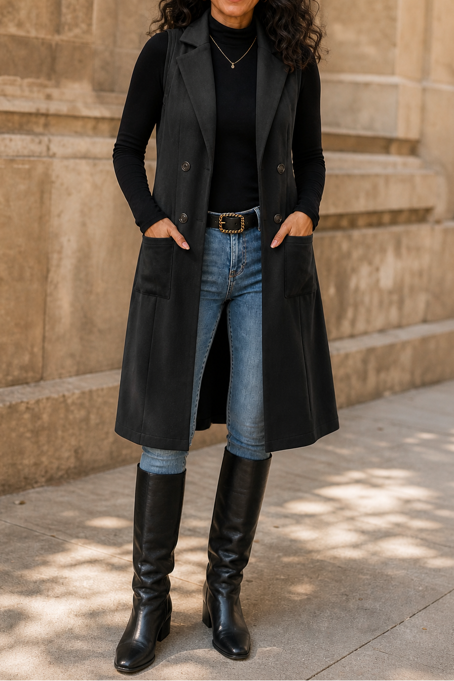 Gilet Long Sans Manches à Ouverture Devant pour Femme