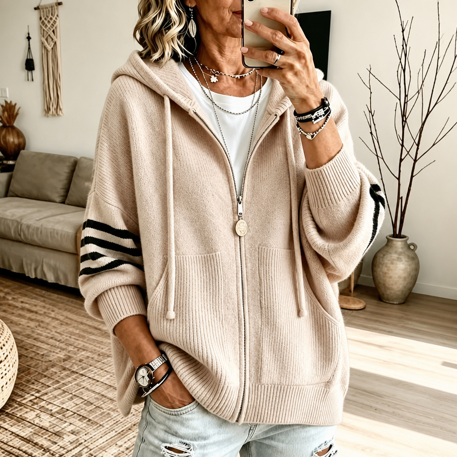 Sweat à Capuche Zippé Femme, Manches Rayées et Épaules Tombantes