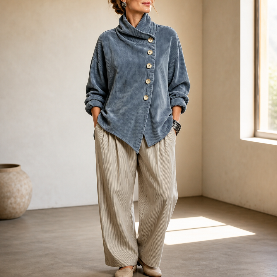 Veste Femme Col Boutonnage Asymétrique et Côtes Fines