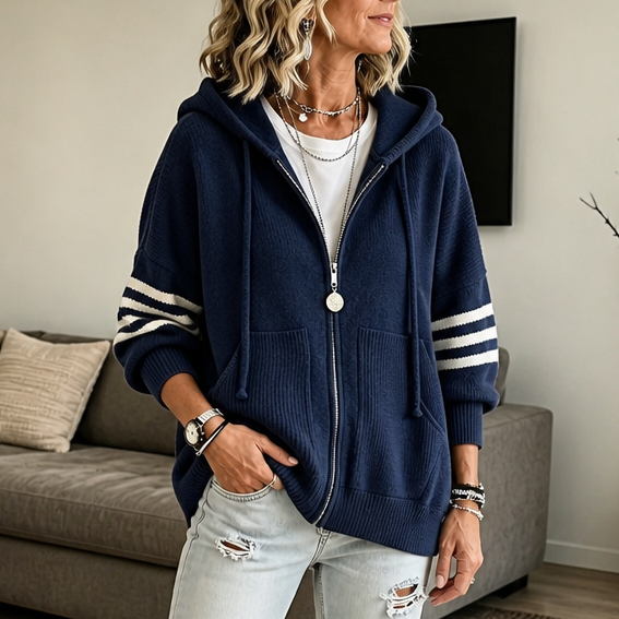Sweat à Capuche Zippé Femme, Manches Rayées et Épaules Tombantes