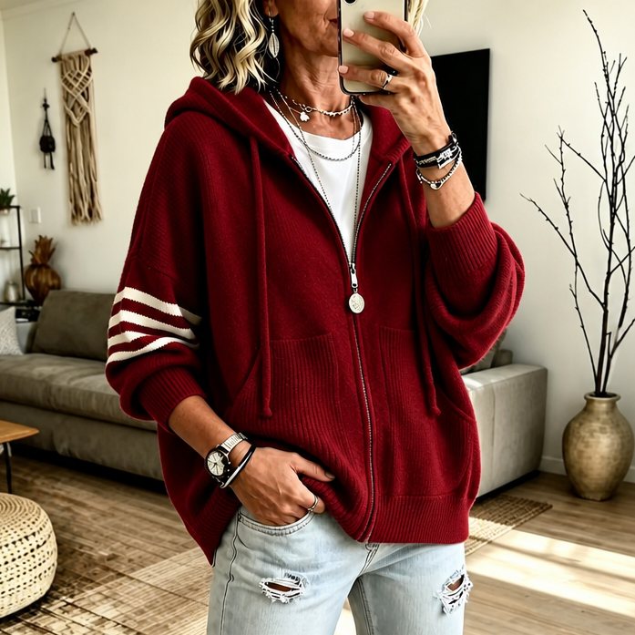 Sweat à Capuche Zippé Femme, Manches Rayées et Épaules Tombantes