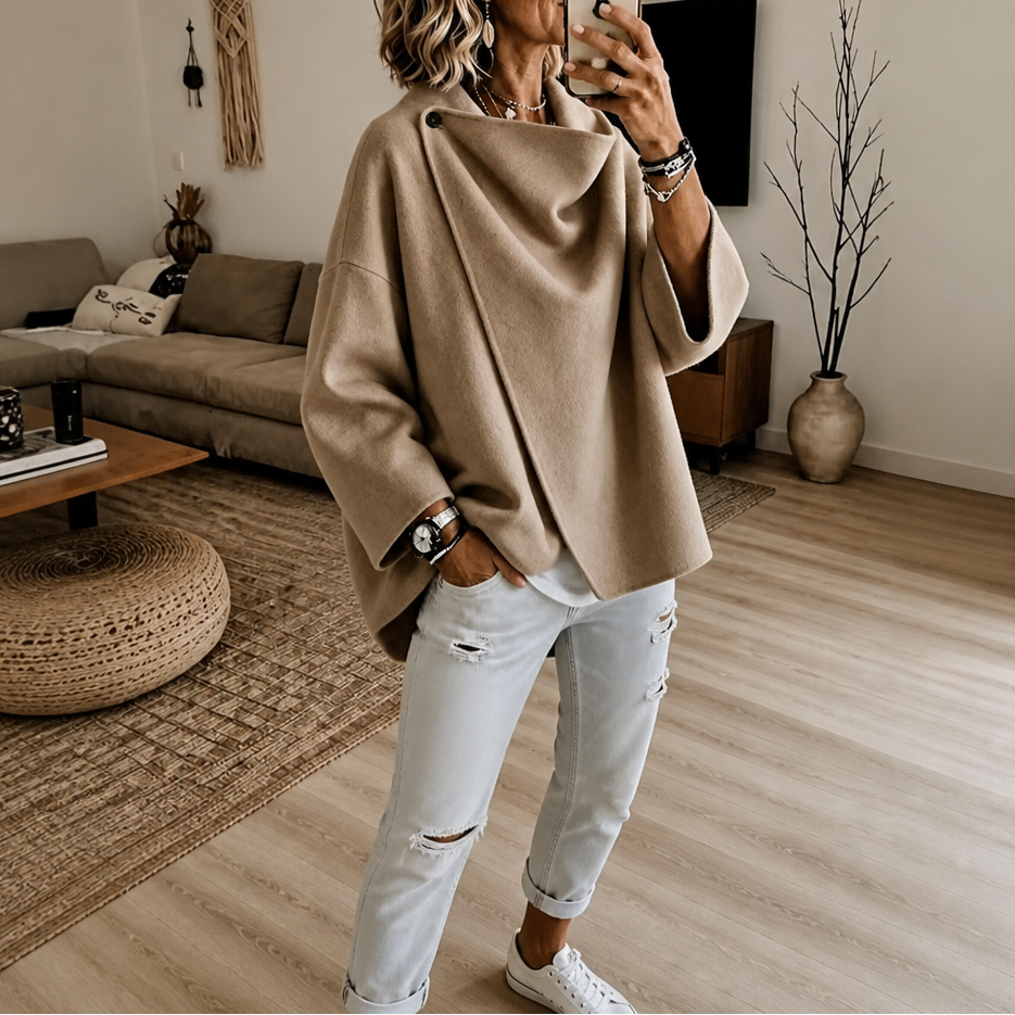 Veste Cape Portefeuille Femme à Col Asymétrique Boutonné