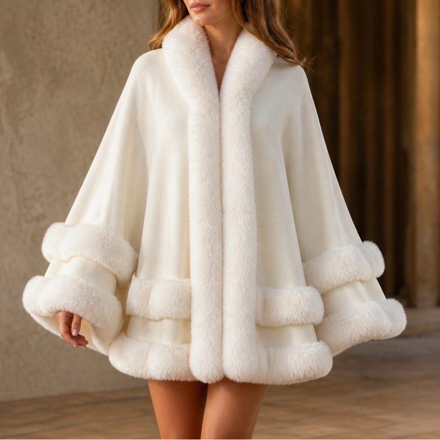 Cape Femme en Maille à Capuche avec Bordure en Fausse Fourrure