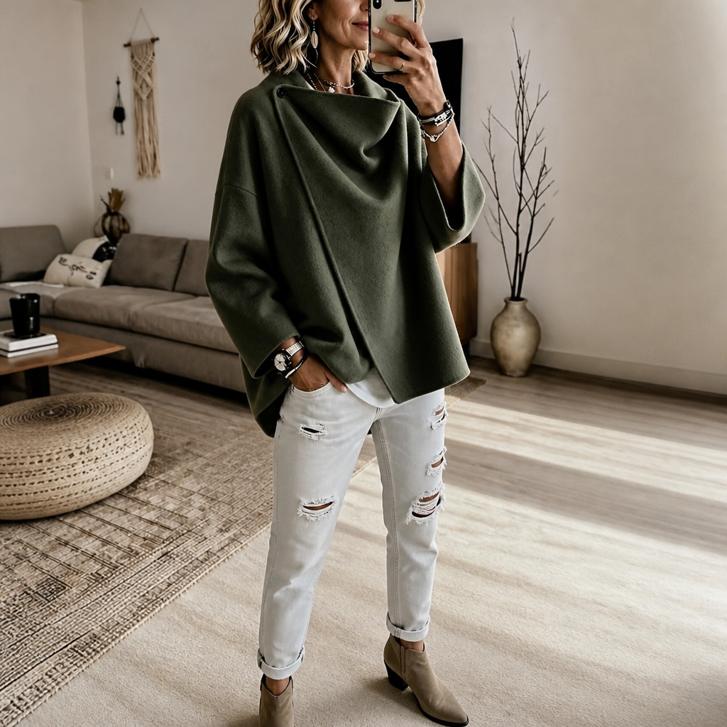 Veste Cape Portefeuille Femme à Col Asymétrique Boutonné