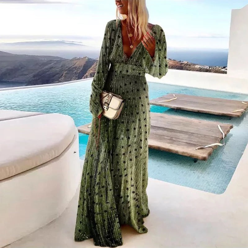 Robe Longue Femme Soirée Manches Longues Col V