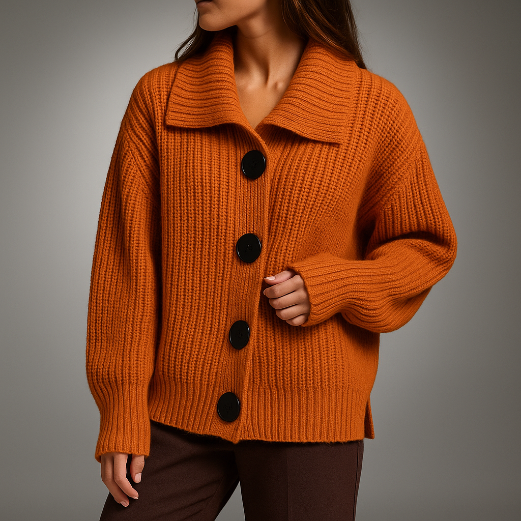 Gilet Oversize Femme à Gros Boutons en Maille Côtelée