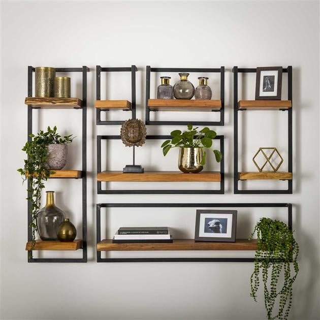 Wall shelf – Solid acacia wood with a vintage steel frame for the living room or entryway