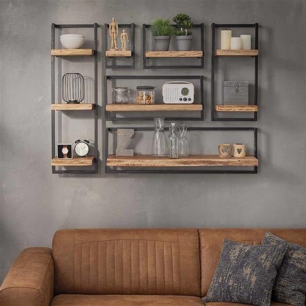 Wandplank – Massief acaciahout met vintage stalen frame voor de woonkamer of hal