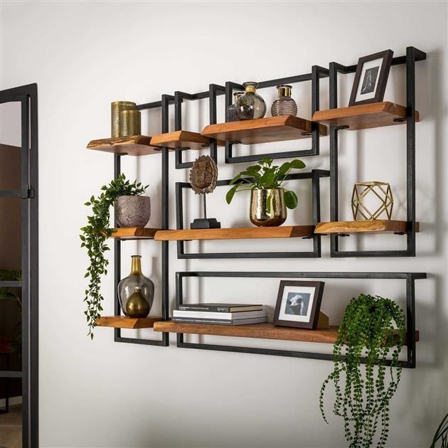 Wandplank – Massief acaciahout met vintage stalen frame voor de woonkamer of hal
