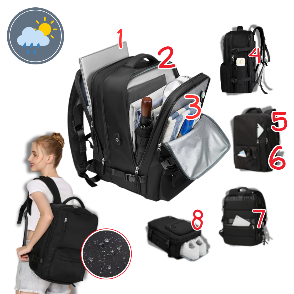 Reisrugzak – Waterafstotend nylon, 35 liter, met USB-poort en schoenenvak, voor dagelijks gebruik en avonturen