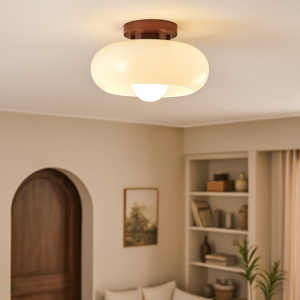 Plafonnier Bauhaus Verre Crème et Métal - Design Épuré