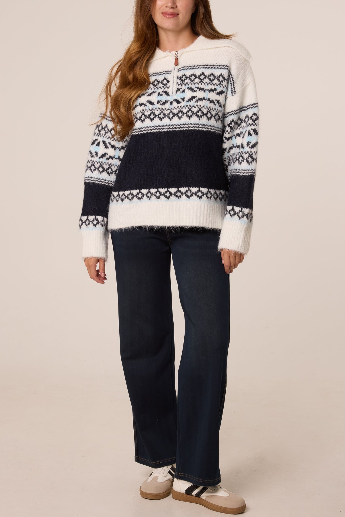 Pull Col Zippé Style Nordique Femme - Tricot Ivoire/Marine