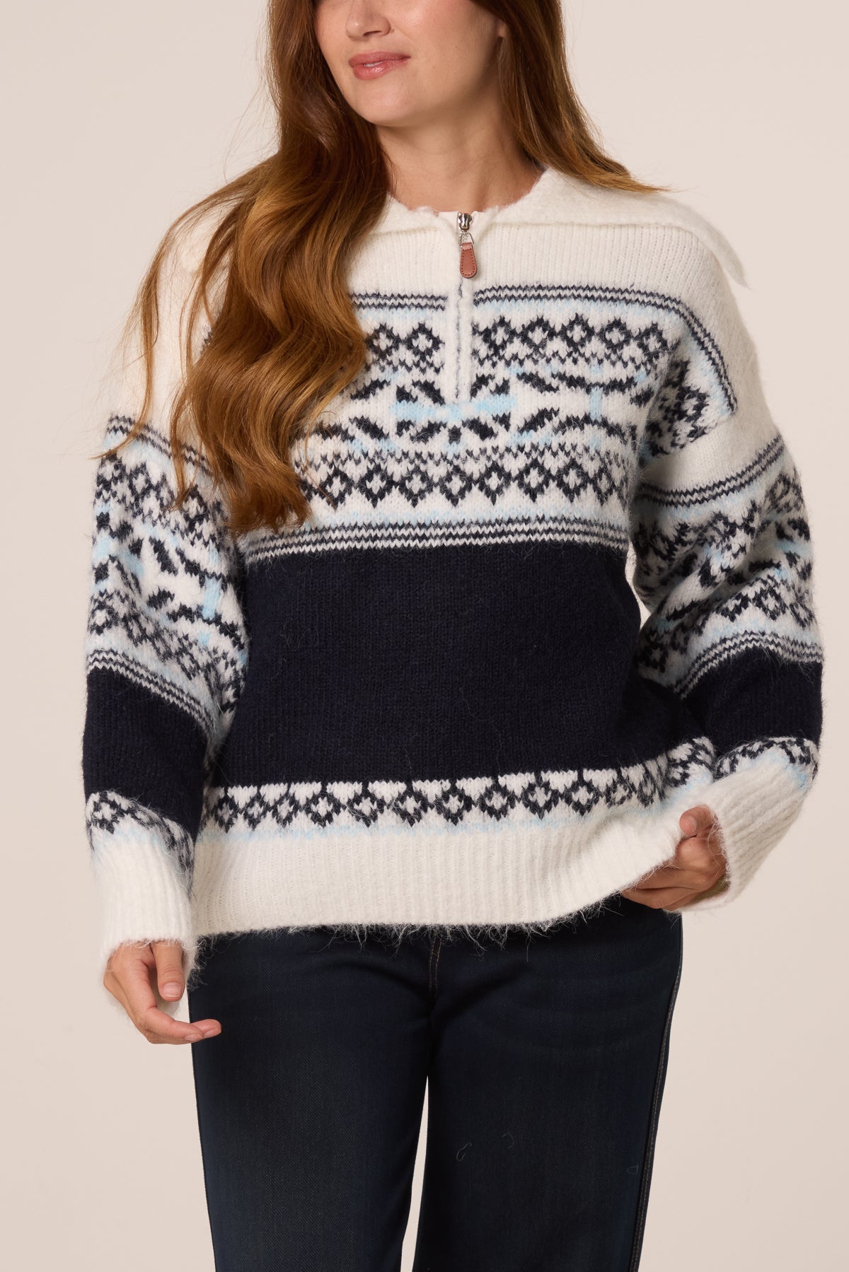 Pull Col Zippé Style Nordique Femme - Tricot Ivoire/Marine