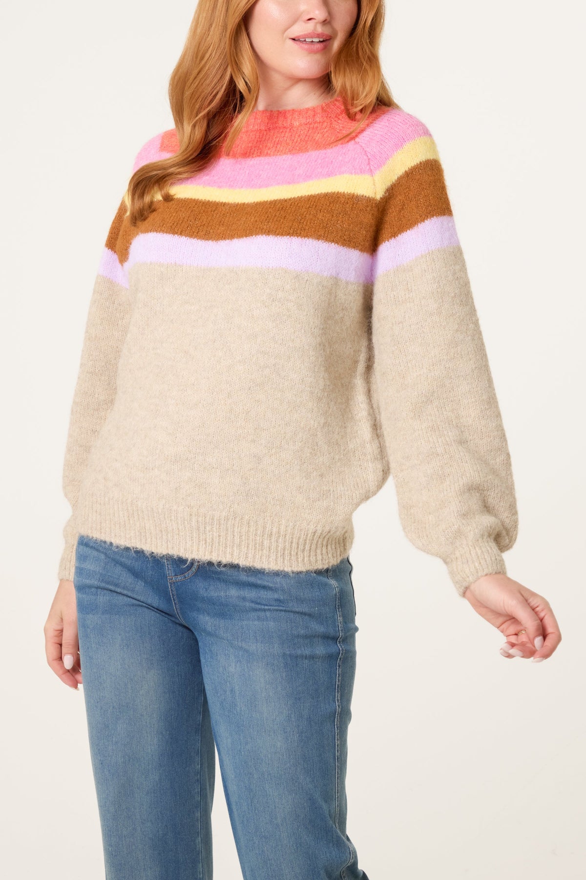 Pull Femme à Manches Ballon Rayé, Beige