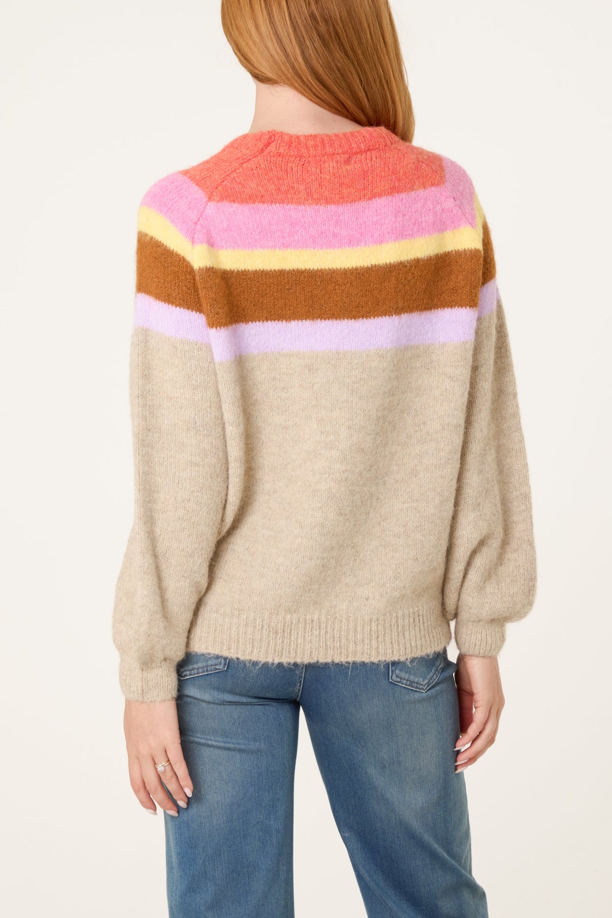 Pull Femme à Manches Ballon Rayé, Beige