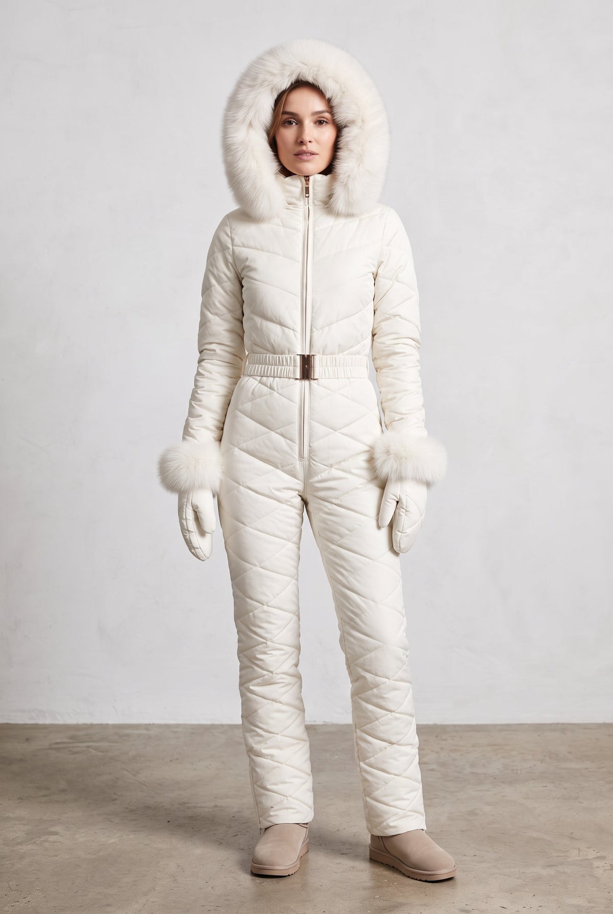 Hooded Snow Suit with Fur Trim in White — studio front