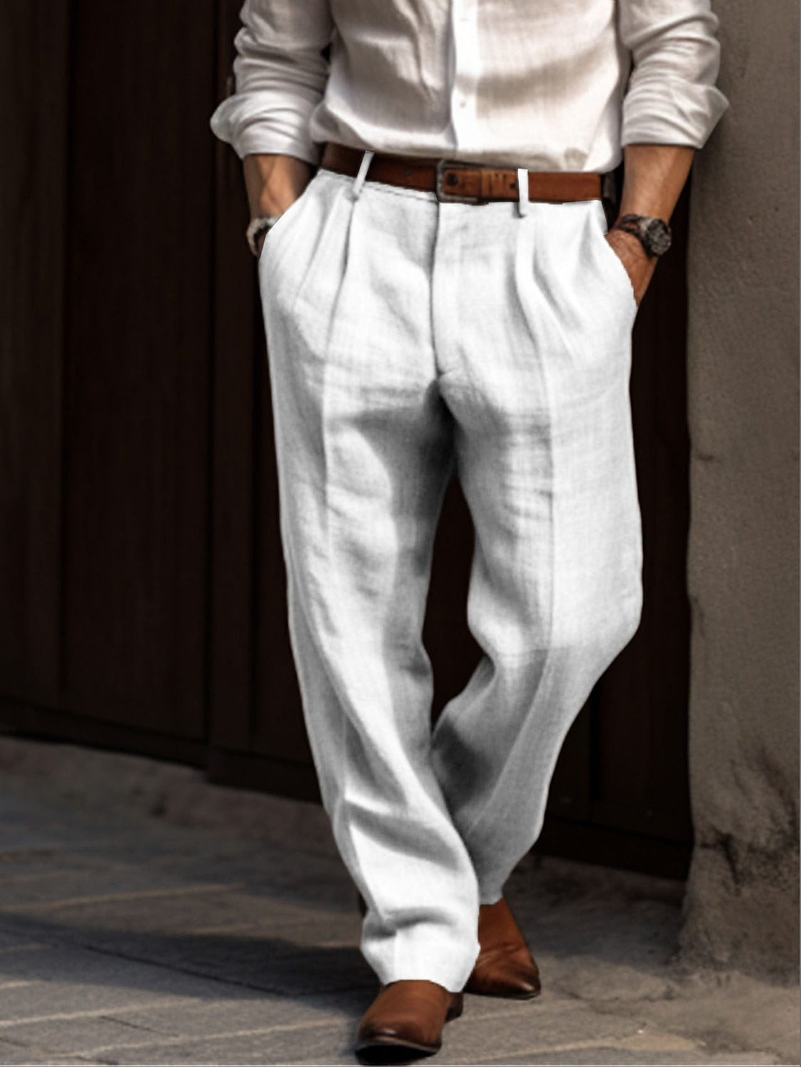 Pantalon Homme en Lin et Coton, Coupe Ample Décontractée