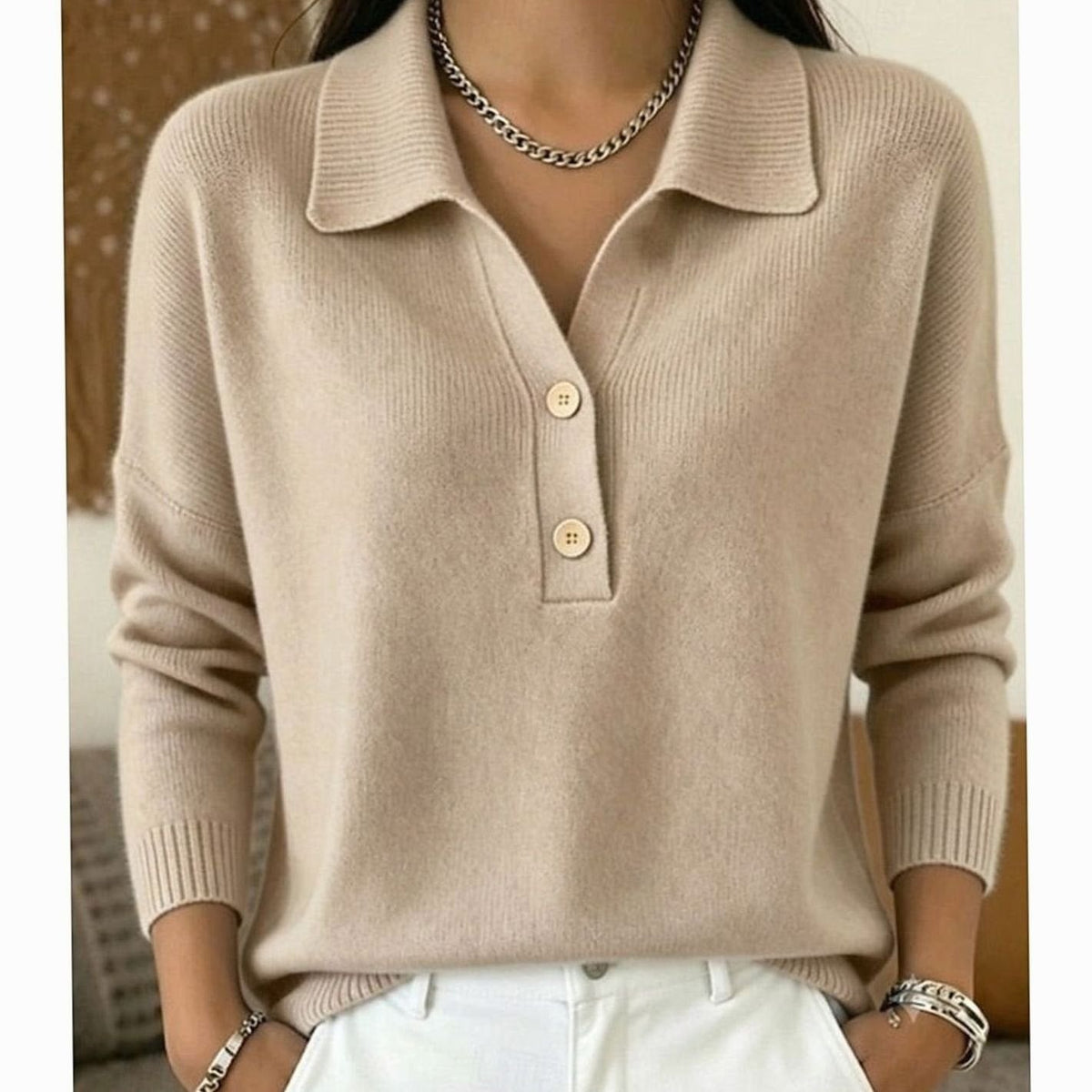 Pull Femme Col Polo à Boutons, Tricot Fin