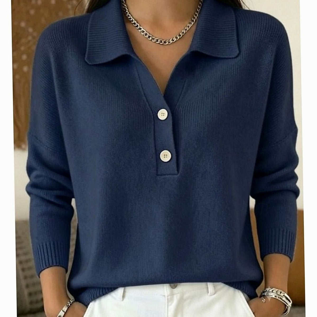 Pull Femme Col Polo à Boutons, Tricot Fin