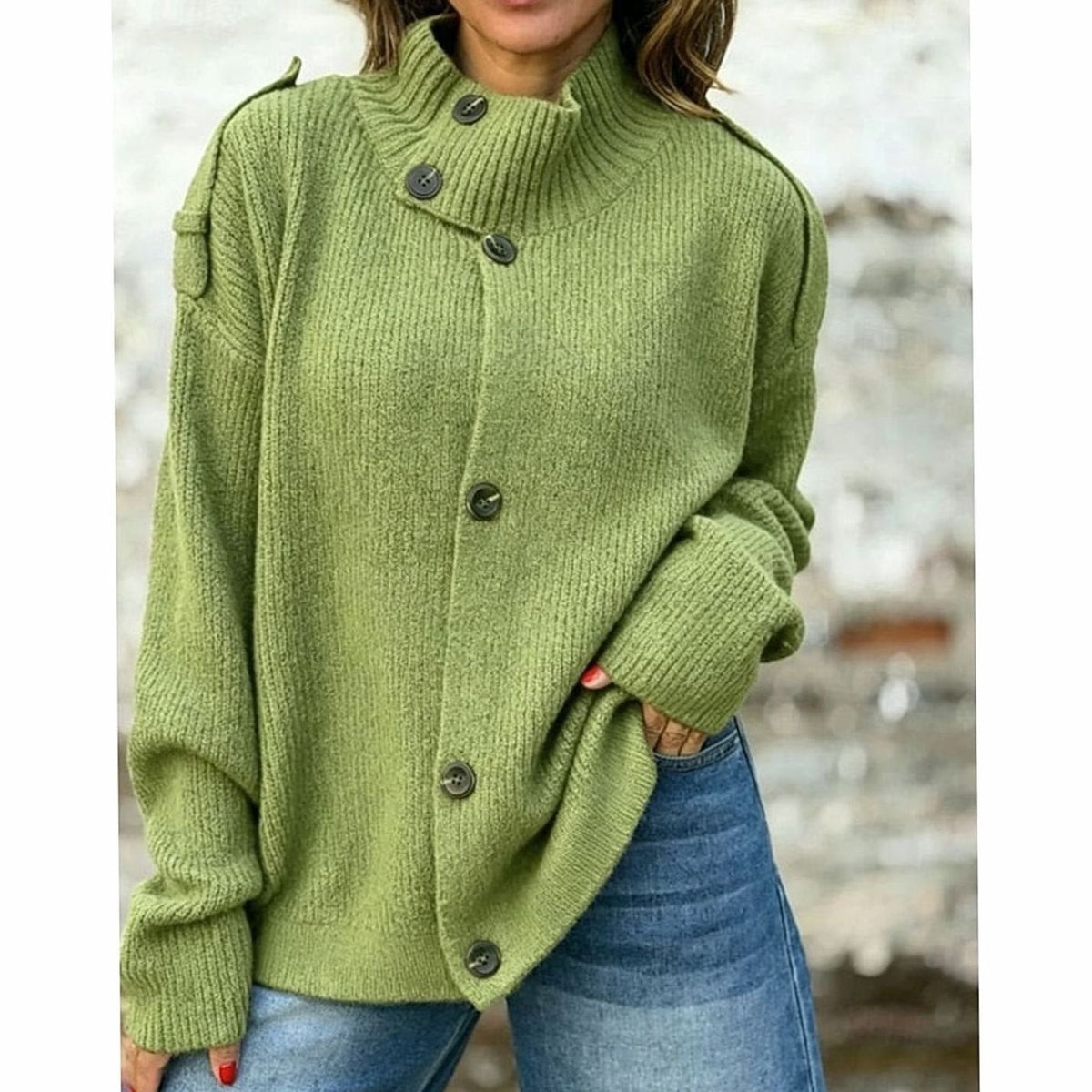 Gilet Femme Oversize à Col Montant et Boutonné