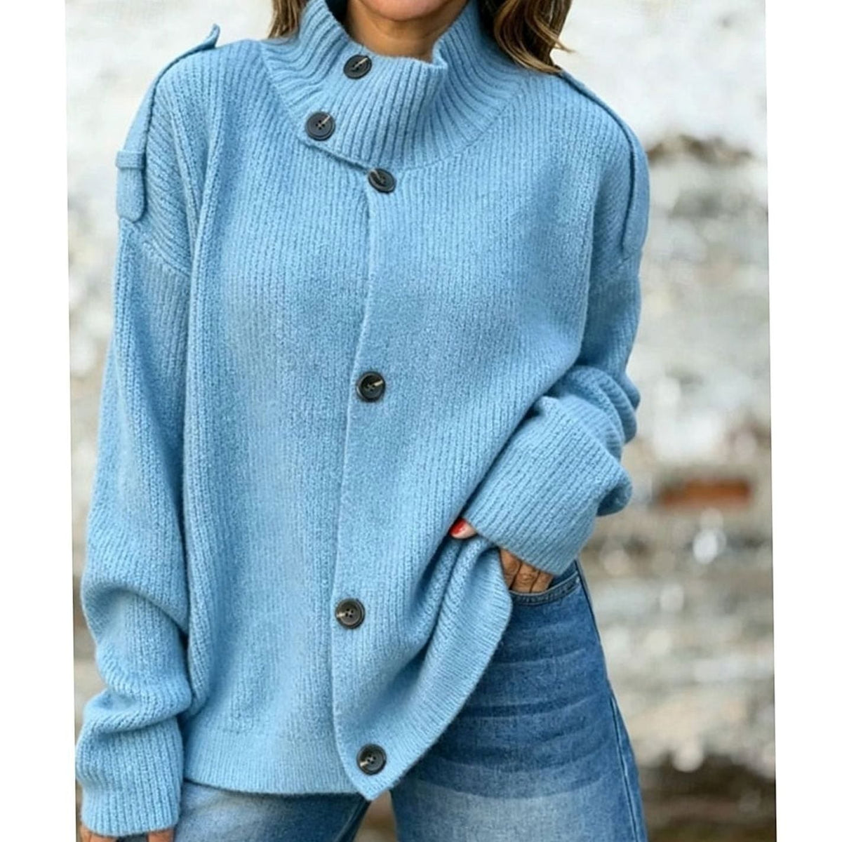Gilet Femme Oversize à Col Montant et Boutonné
