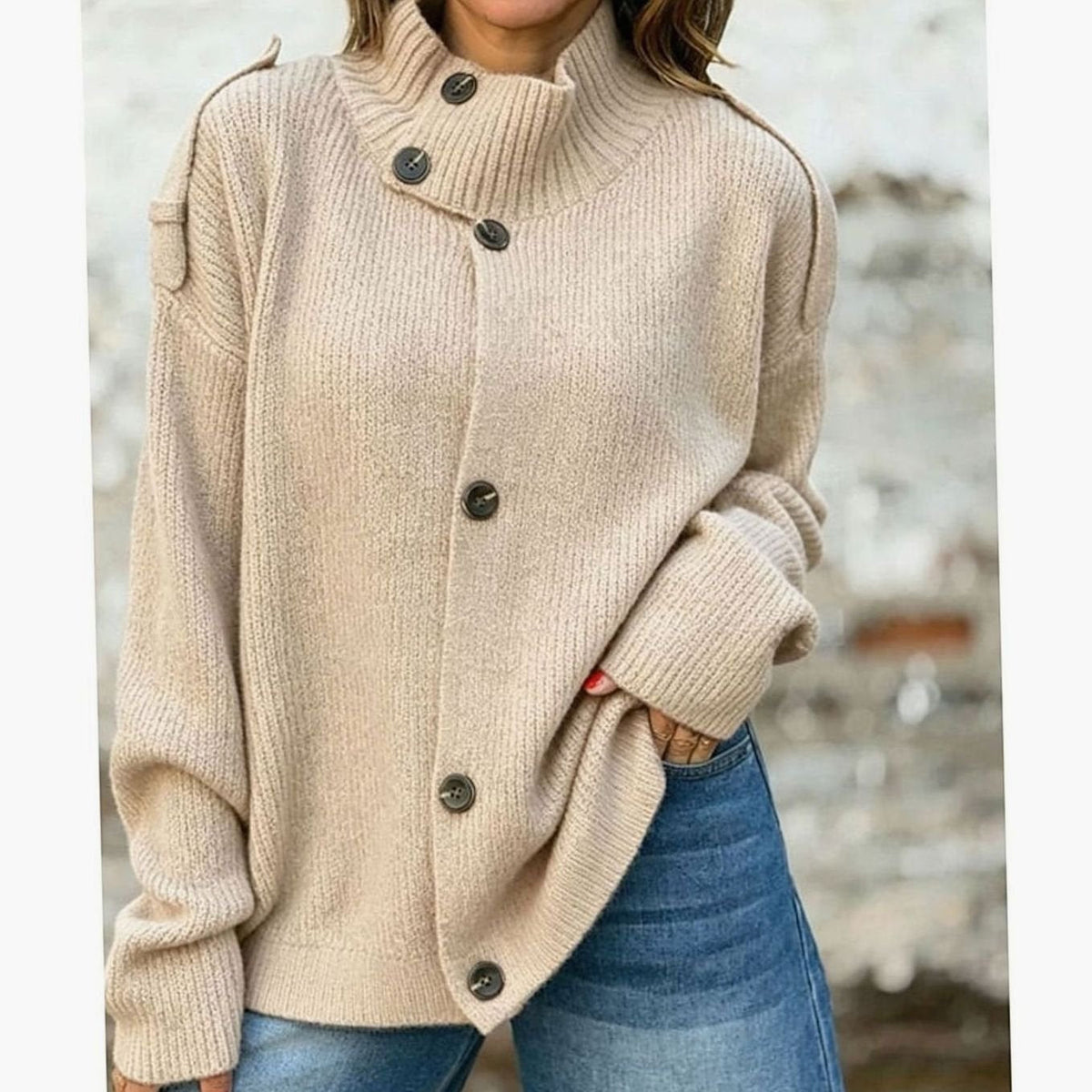 Gilet Femme Oversize à Col Montant et Boutonné