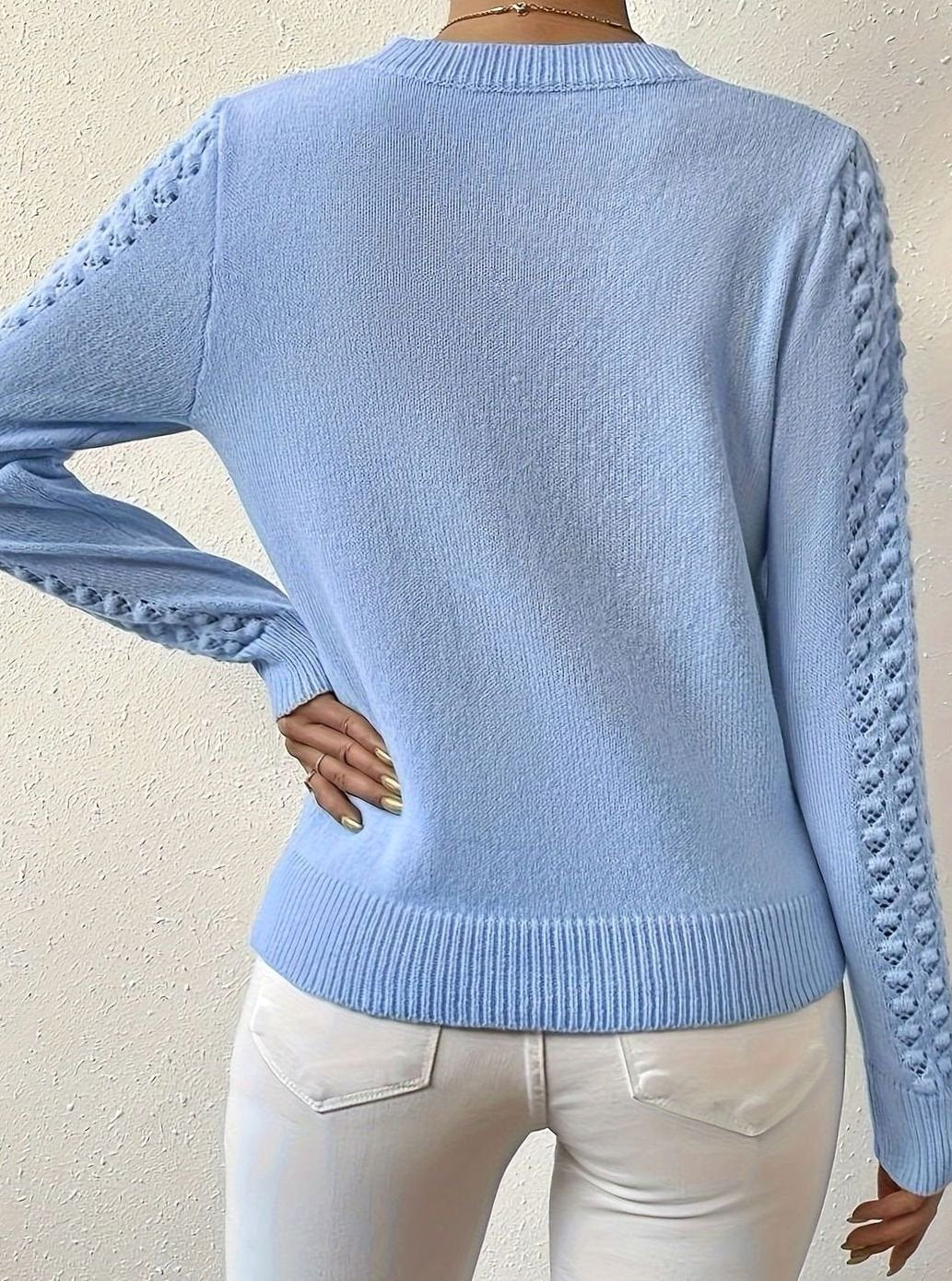 Pull Femme Maille Pointelle Col Rond Manches Longues