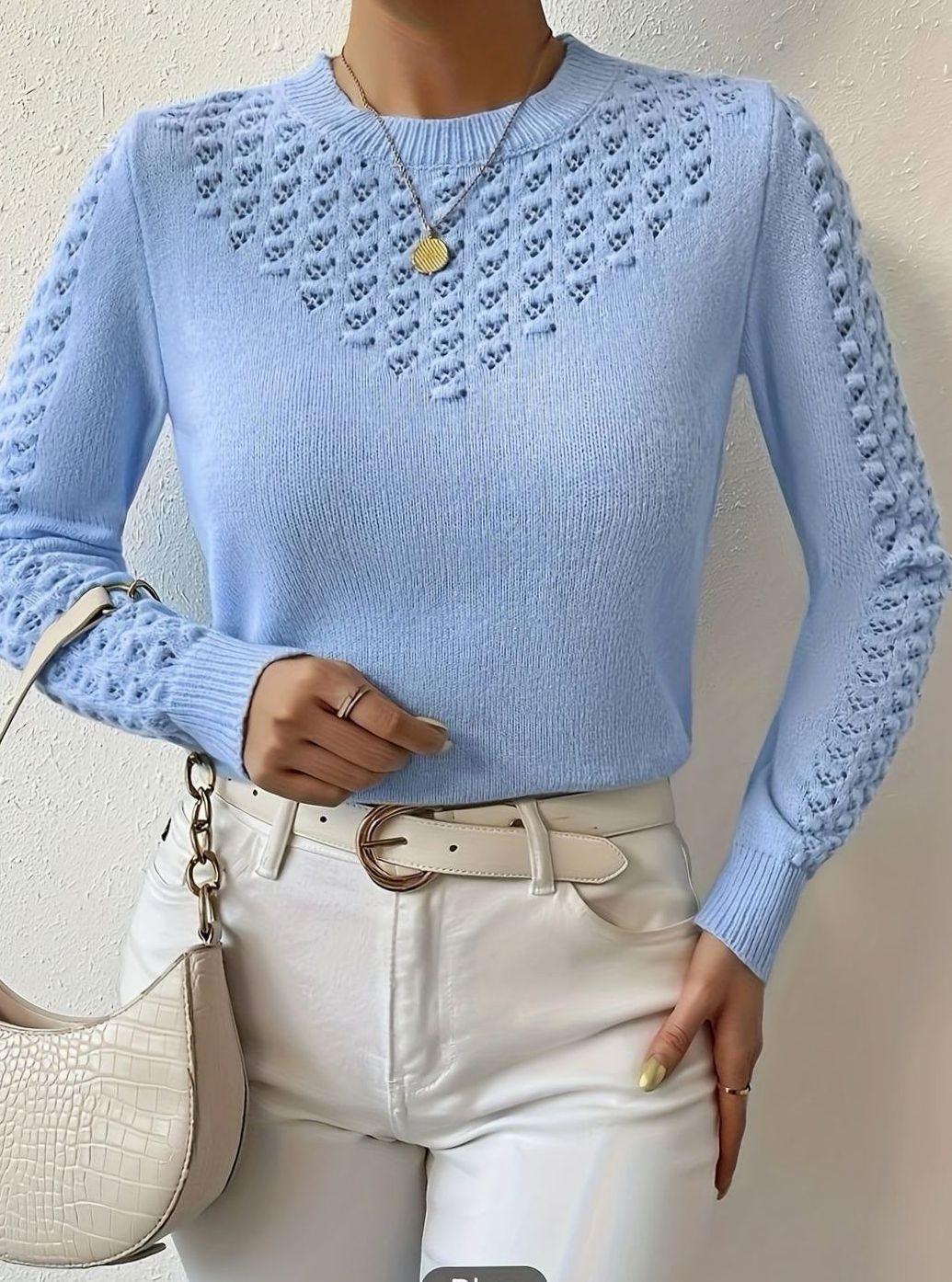 Pull Femme Maille Pointelle Col Rond Manches Longues
