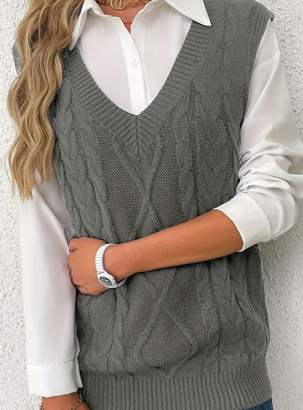 Pull Sans Manches Femme en Maille Torsadée Col en V