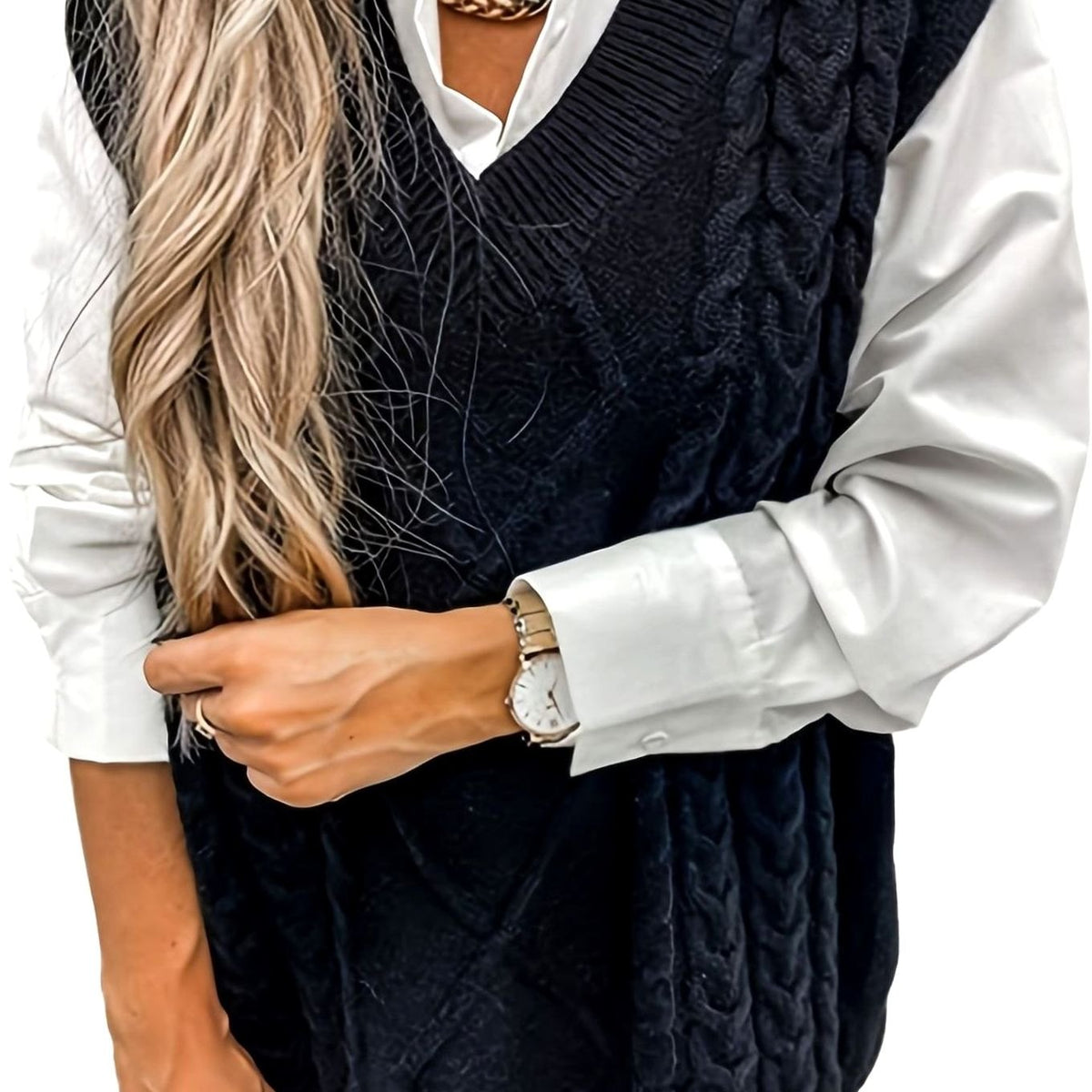Pull Sans Manches Femme en Maille Torsadée Col en V