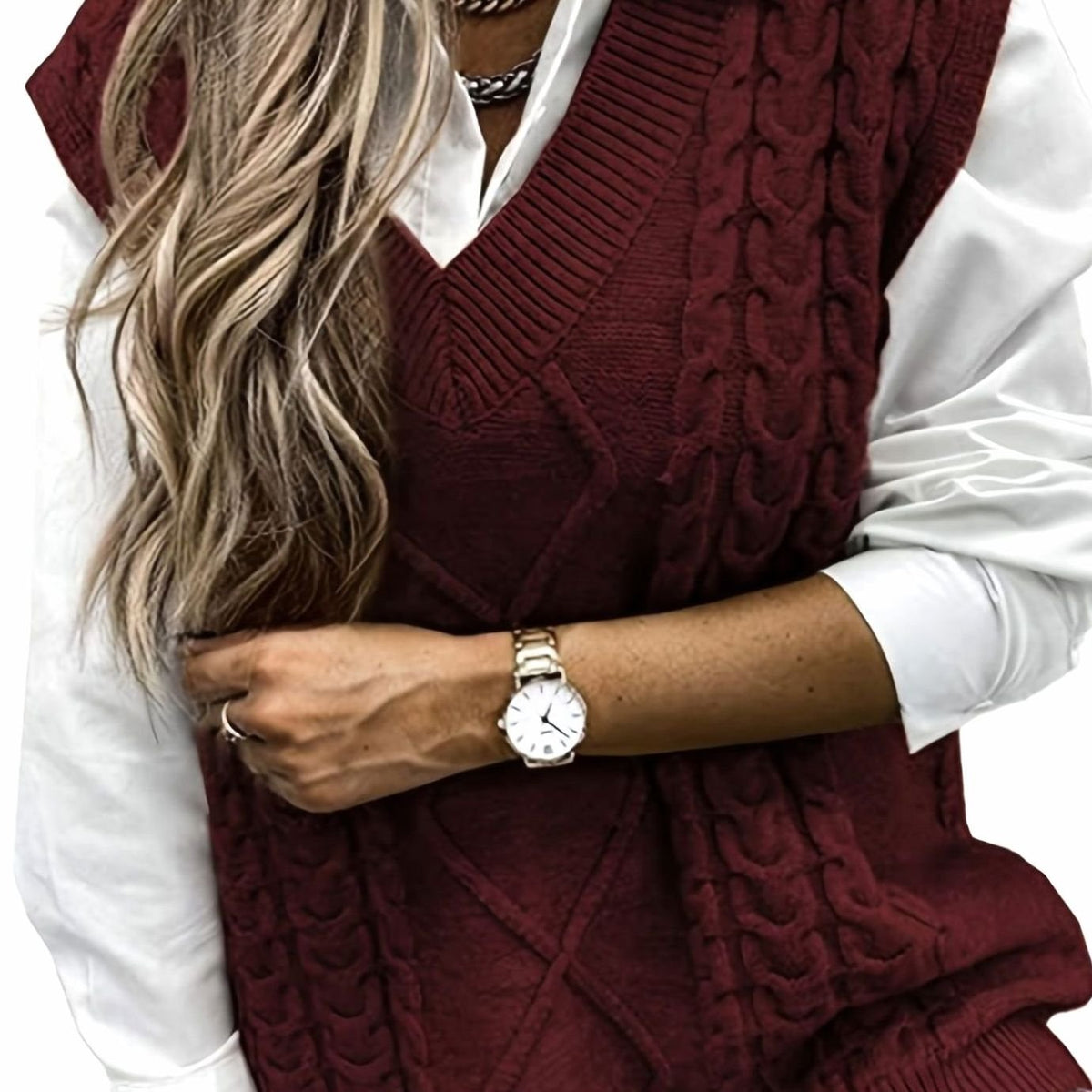 Pull Sans Manches Femme en Maille Torsadée Col en V
