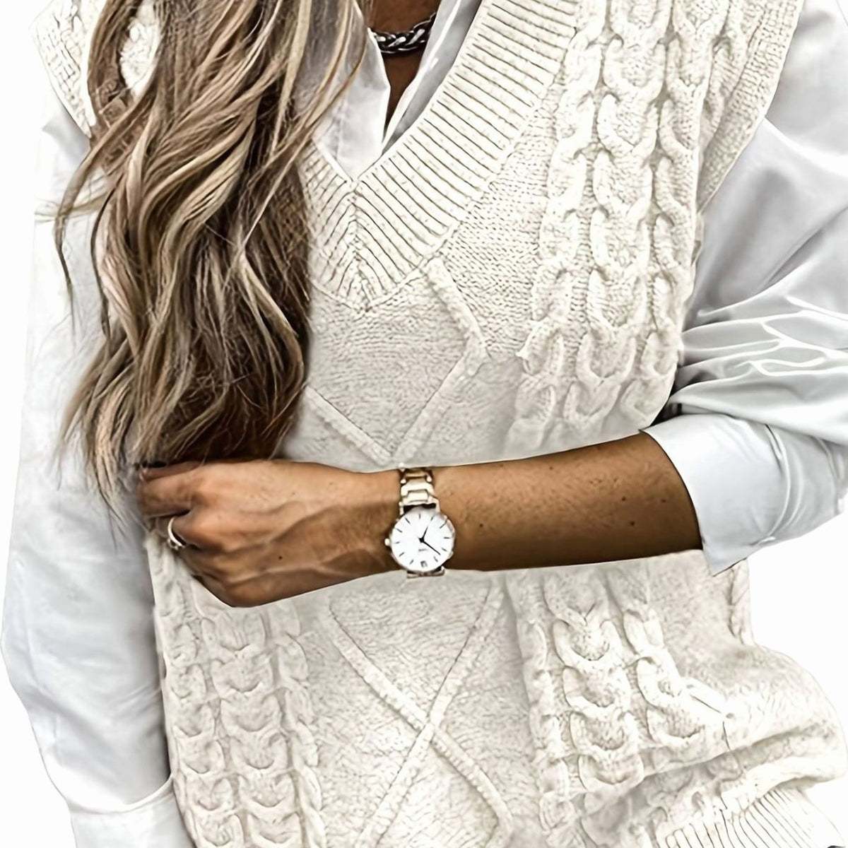 Pull Sans Manches Femme en Maille Torsadée Col en V