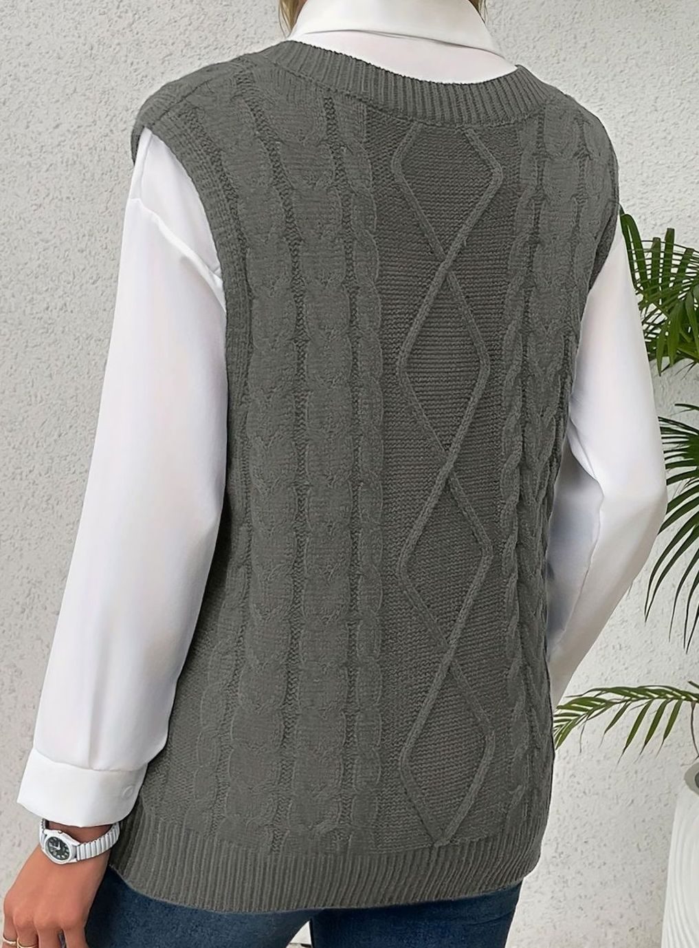 Pull Sans Manches Femme en Maille Torsadée Col en V